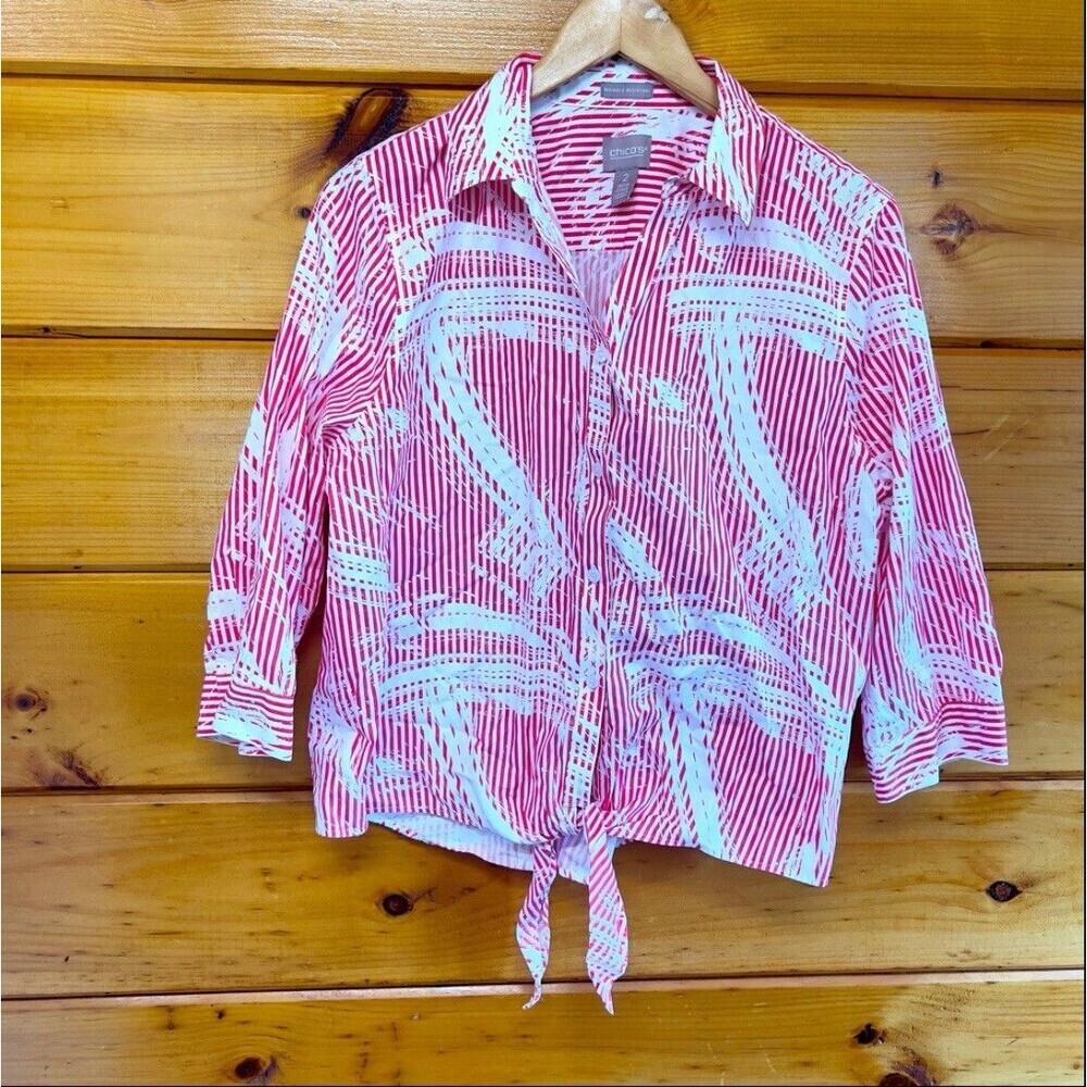 Chicos 2 Large Wrinkle Resistant White and red Collared Button Up Tie Blouse Top
